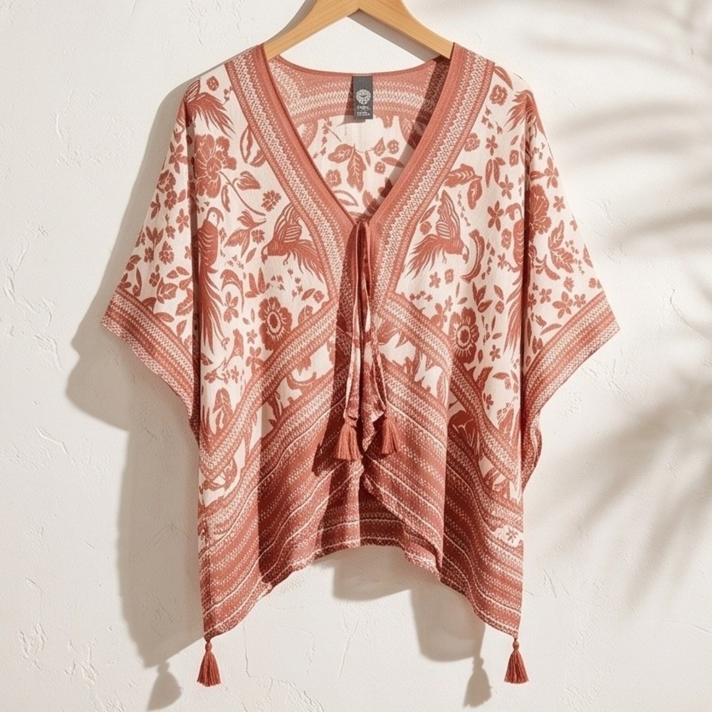 Vince Camuto Womens Bird Floral Kimono Tassel Cover Up Pink White OS
